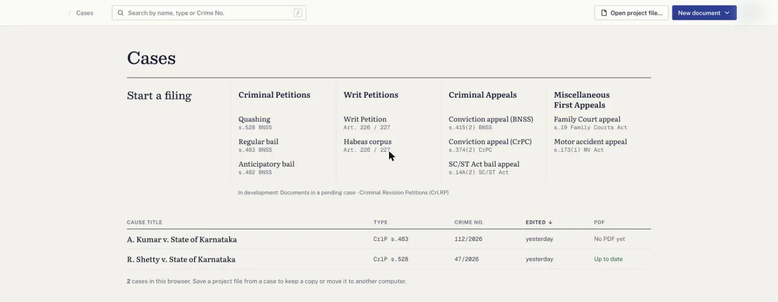 The cases screen: a 'Start a filing' menu covering criminal petitions, writ petitions, criminal appeals and miscellaneous first appeals, above a list of two sample cases saved in the browser.
