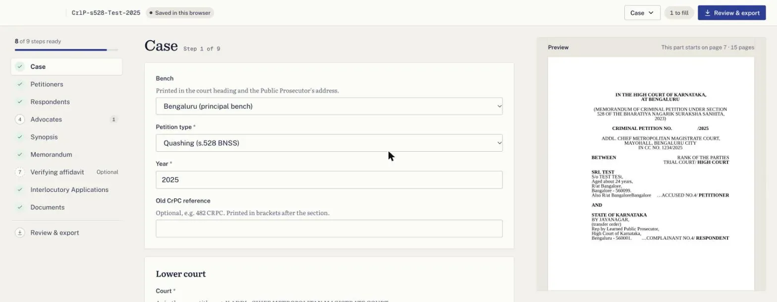 The editor: a nine-step case form on the left and a live preview of the memorandum's first page on the right, with a test petitioner filled in.
