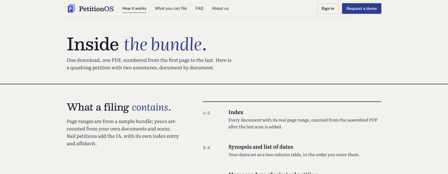PetitionOS 'Inside the bundle' page listing a sample filing document by document, starting with the index on pages 1–2 and the synopsis on pages 3–4.