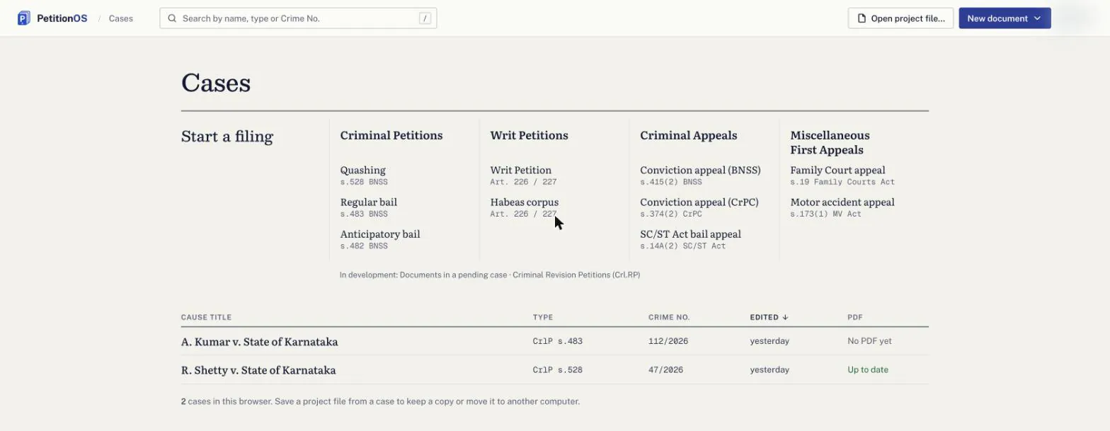 The PetitionOS cases screen: a 'Start a filing' menu covering criminal petitions, writ petitions, criminal appeals and miscellaneous first appeals, above a list of two sample cases saved in the browser.