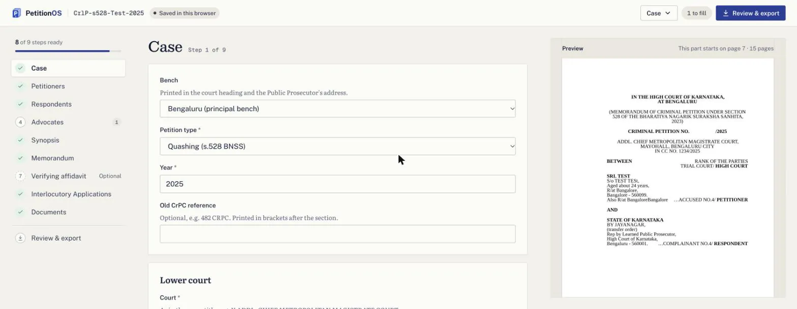 The PetitionOS editor: a nine-step case form on the left and a live preview of the memorandum's first page on the right, with a test petitioner filled in.