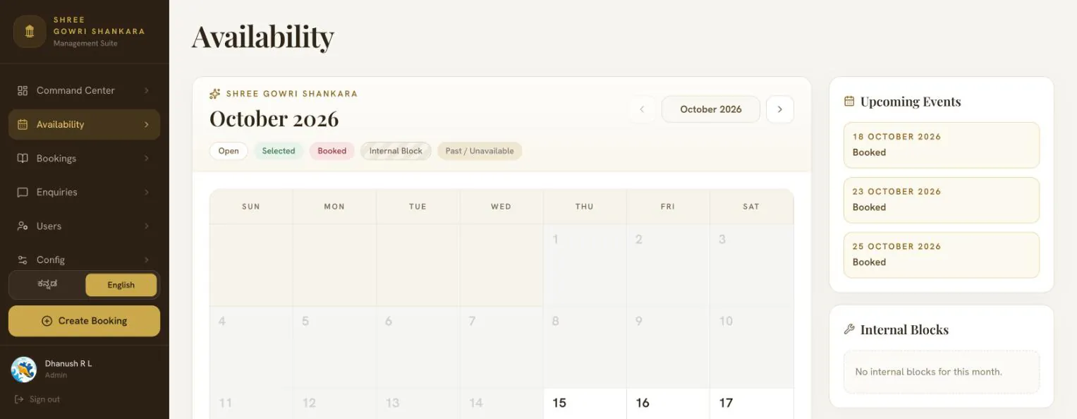 The availability calendar for October 2026, with a legend for open, selected, booked, internal block and past dates, and a list of upcoming events on the right.