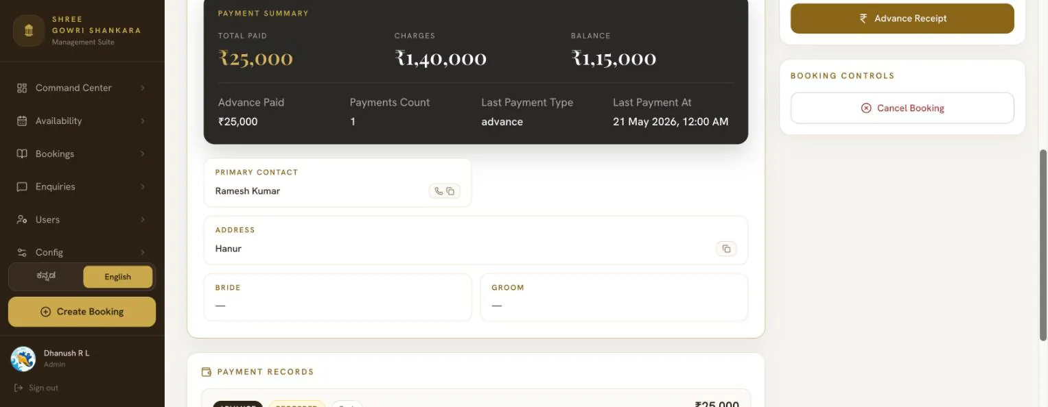 A booking's detail page: a payment summary showing total paid, charges and balance, the advance paid and payment count, contact details, and an Advance Receipt button.