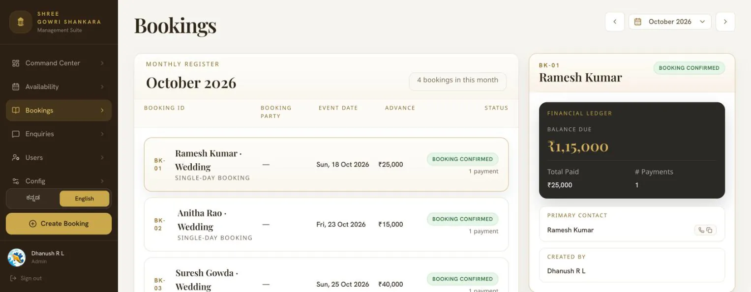 The monthly bookings register for October 2026: booking IDs, party names, event dates, advances and a 'Booking confirmed' status for each, with a ledger panel for the selected booking.